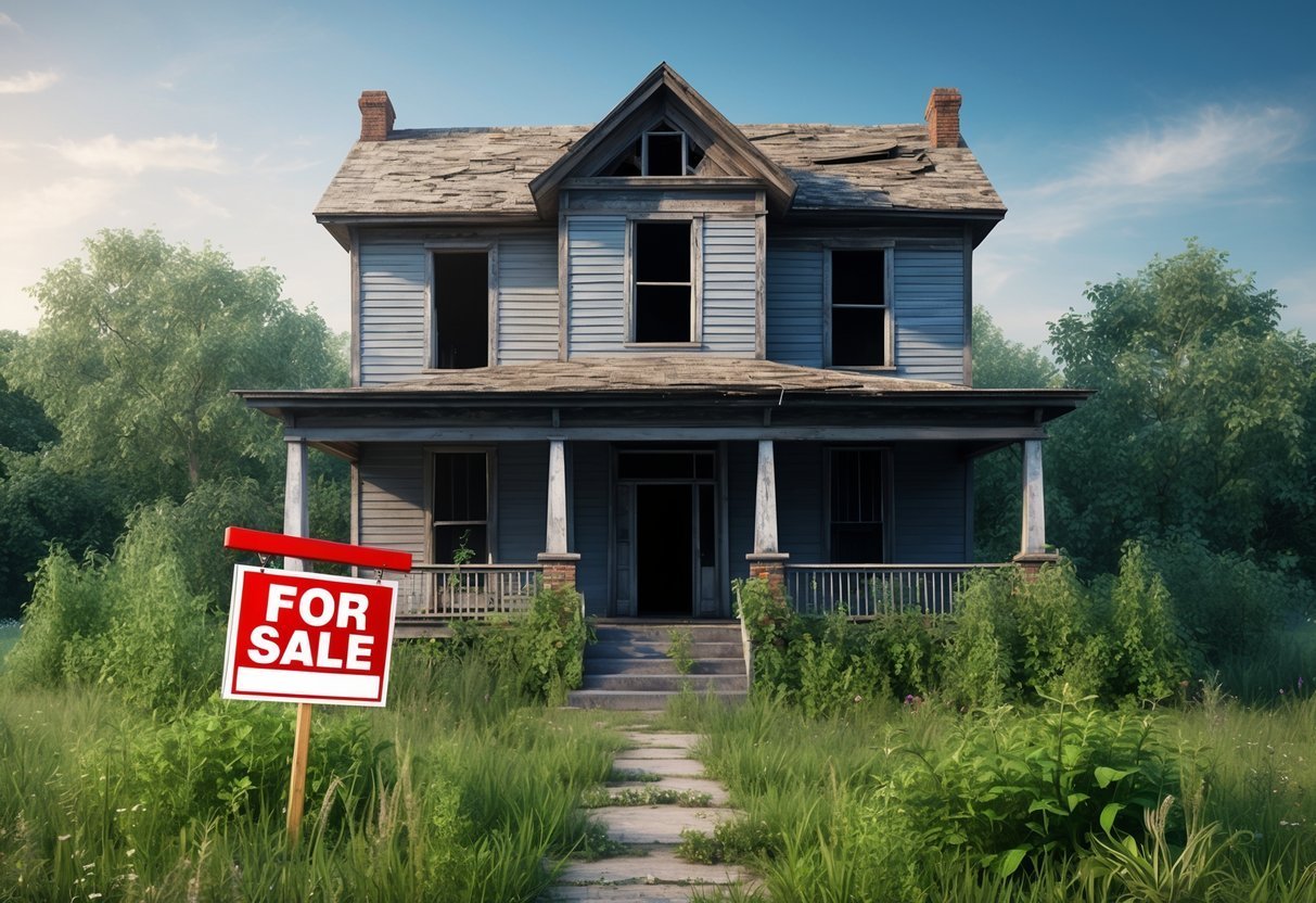 Dilapidated house with "For Sale" sign, overgrown yard, and blue sky