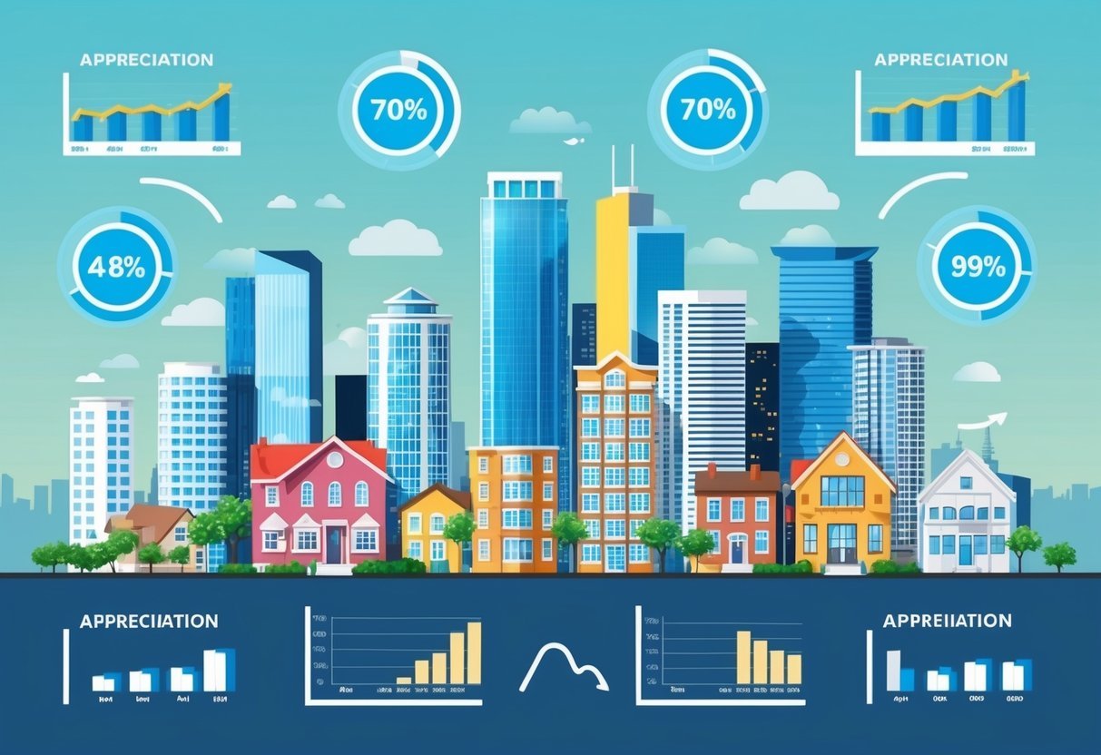 A city skyline with various types of real estate properties, such as houses, apartments, and office buildings, surrounded by graphs and charts showing appreciation trends