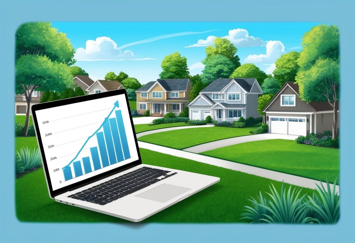 A tranquil suburban neighborhood with a mix of modern and traditional homes, surrounded by lush greenery and a clear blue sky.</p><p>A graph showing steady upward real estate appreciation is displayed on a laptop screen