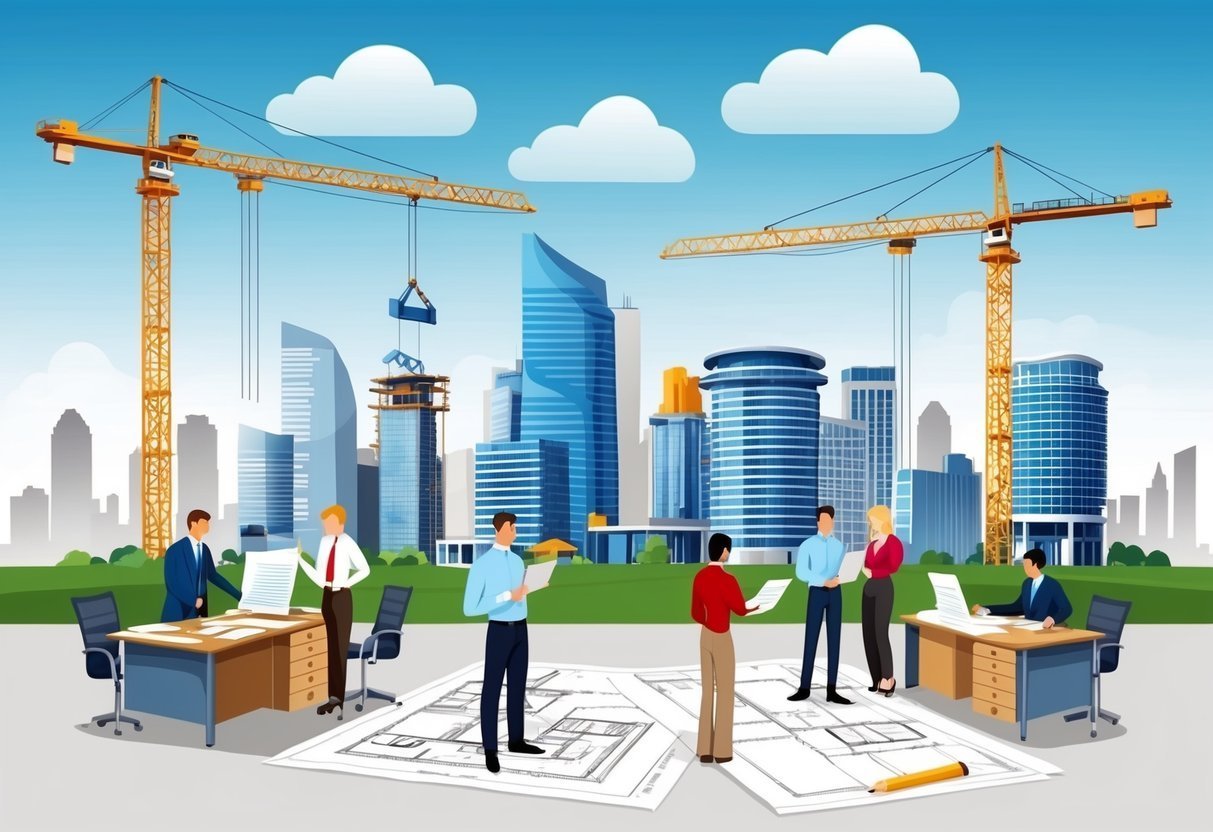 Construction site with architects reviewing blueprints, cranes, and skyscrapers