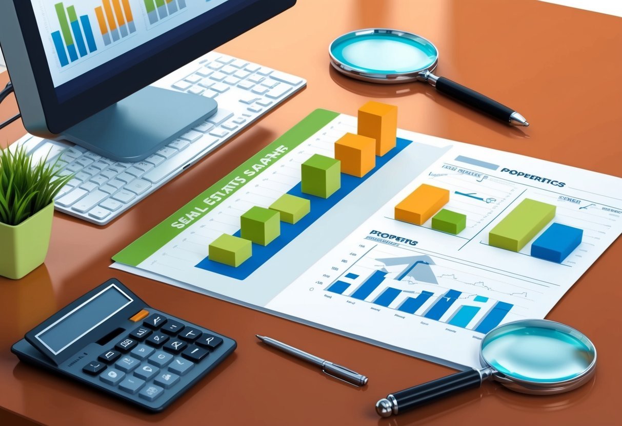 A desk with a computer, calculator, and real estate graphs.</p><p>A map of properties and a magnifying glass are nearby