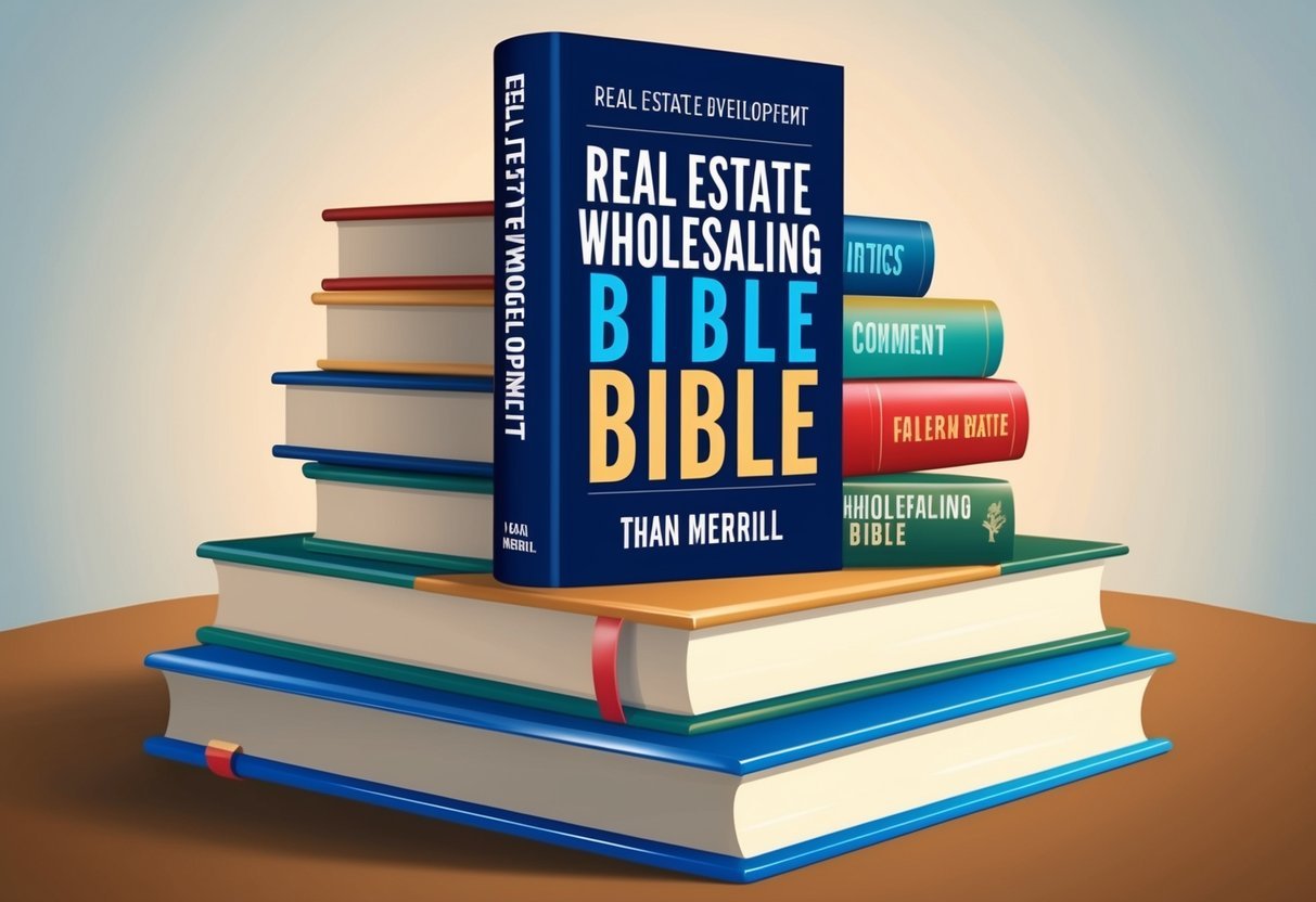 A stack of books on real estate development, with The Real Estate Wholesaling Bible by Than Merrill prominently displayed