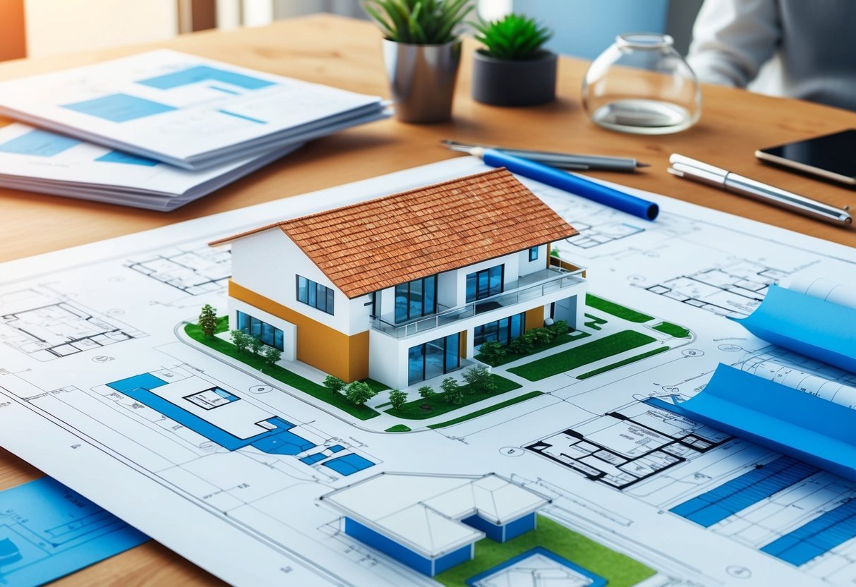 A blueprint of a real estate development project with various architectural designs and construction plans spread out on a desk