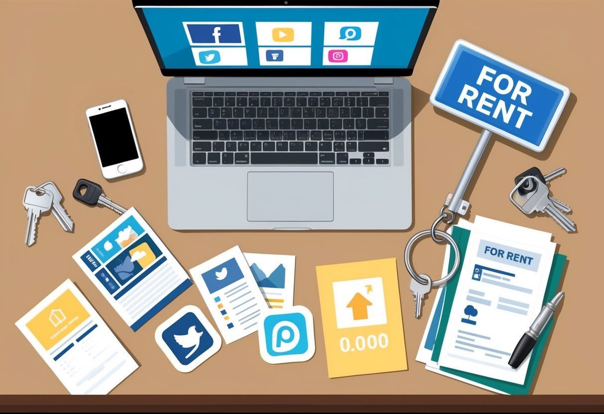 A laptop, smartphone, social media icons, flyers, a "for rent" sign, and a keychain with multiple keys arranged on a desk
