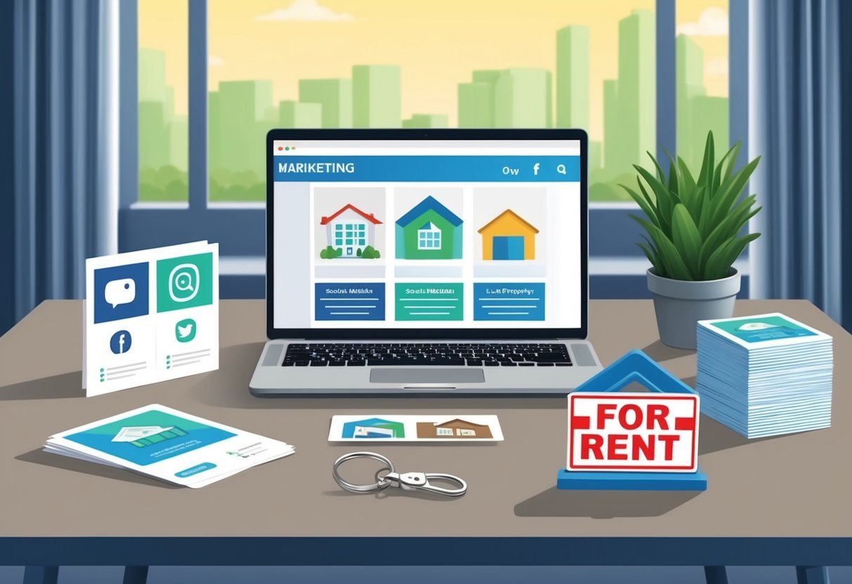 A table with 6 marketing tools: social media icons, flyers, a laptop with a property listing, a keychain, a "For Rent" sign, and a stack of business cards