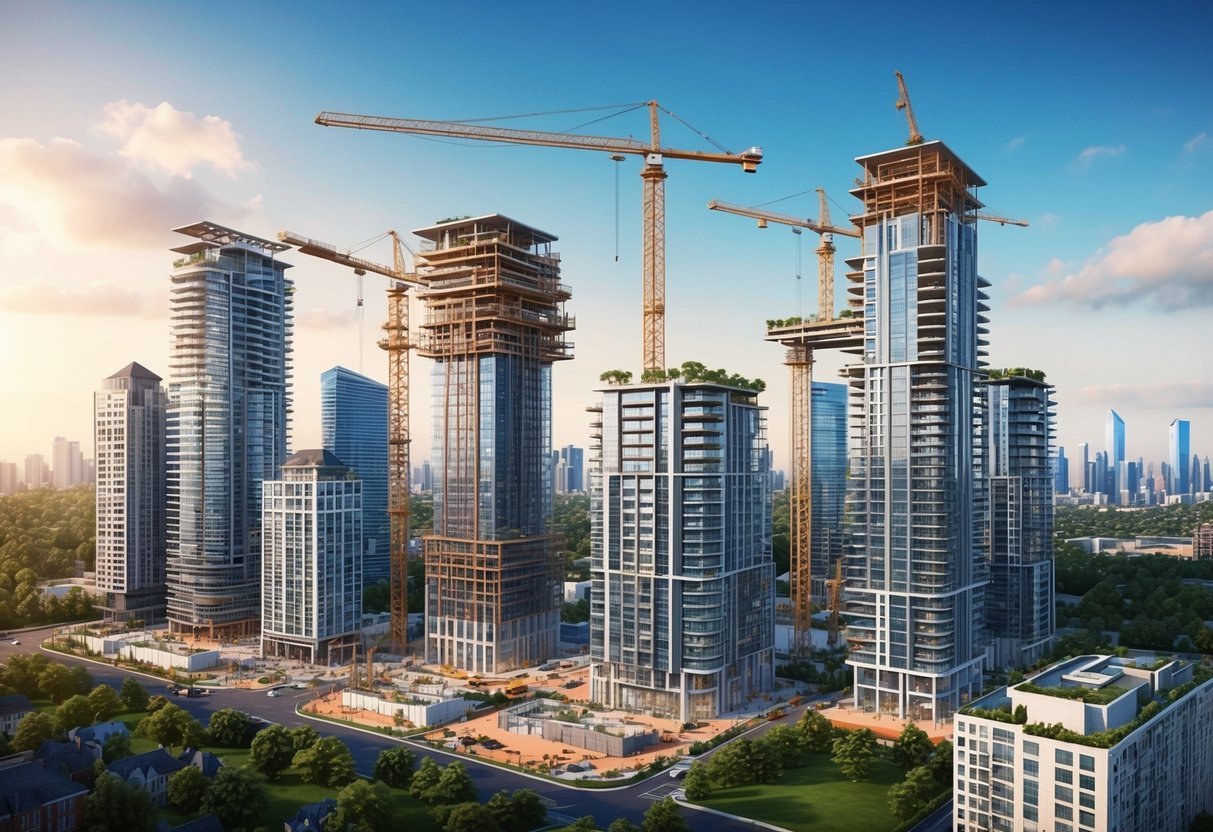 A bustling real estate development site with architects, construction workers, and cranes working on skyscrapers and buildings