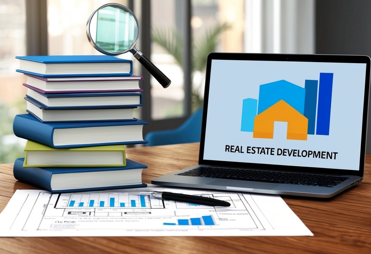 A stack of real estate books with a magnifying glass and blueprint on a wooden desk.</p><p>A laptop displaying real estate development resources