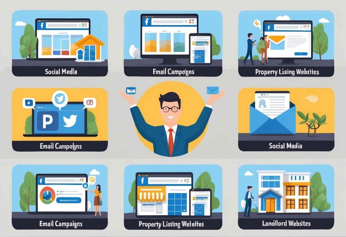 A landlord using six marketing tools to promote rental properties, including social media, email campaigns, and property listing websites