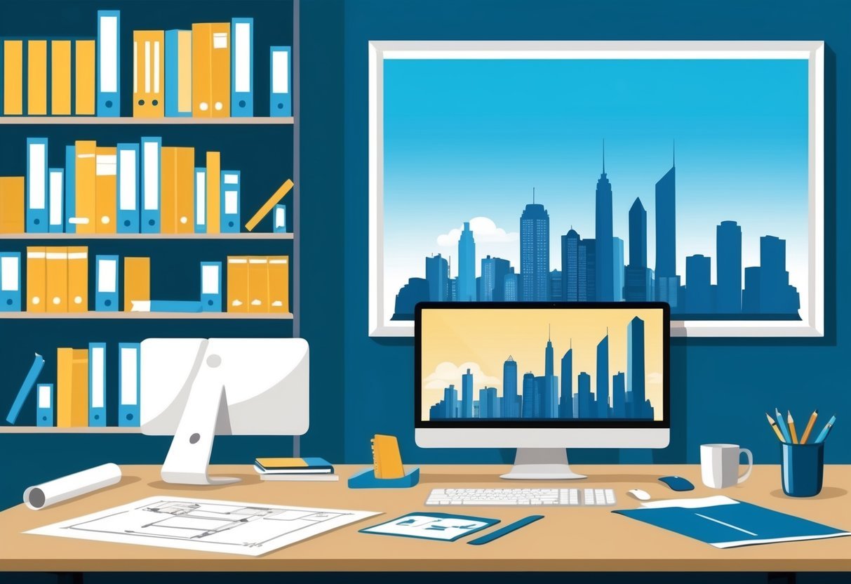 An architect's desk with blueprints, a computer, and a ruler.</p><p>A bookshelf filled with resources on real estate development.</p><p>A city skyline poster on the wall