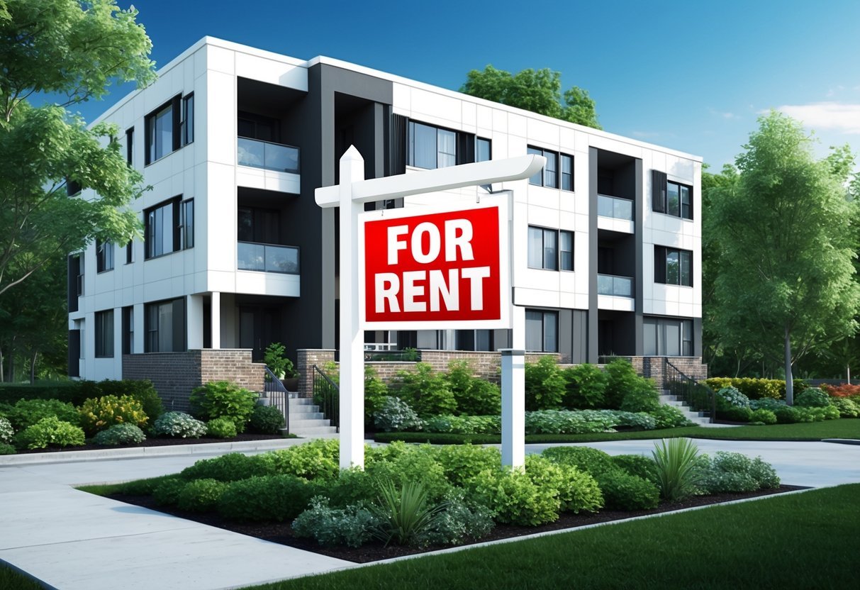 A modern apartment building surrounded by lush landscaping, with a clear and enticing "For Rent" sign displayed prominently