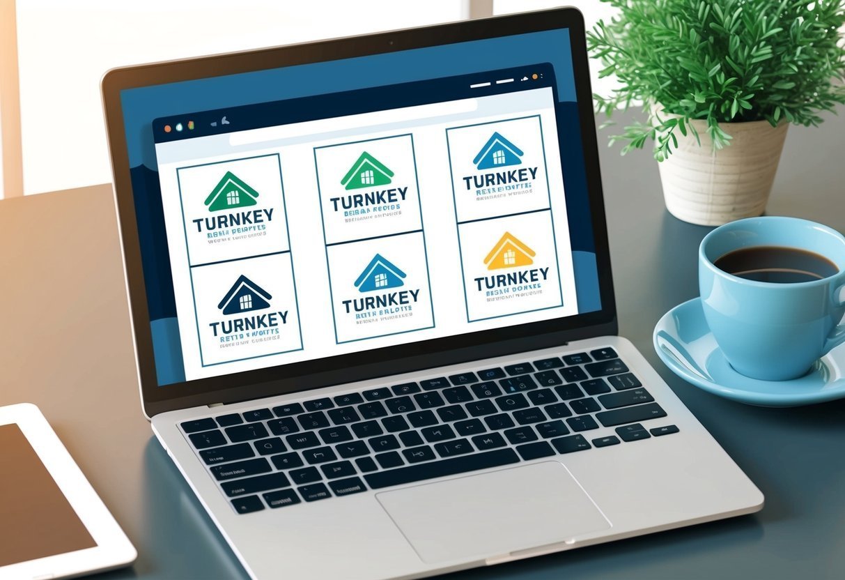 Laptop displaying logo designs for "Turnkey" real estate company, with coffee and plant