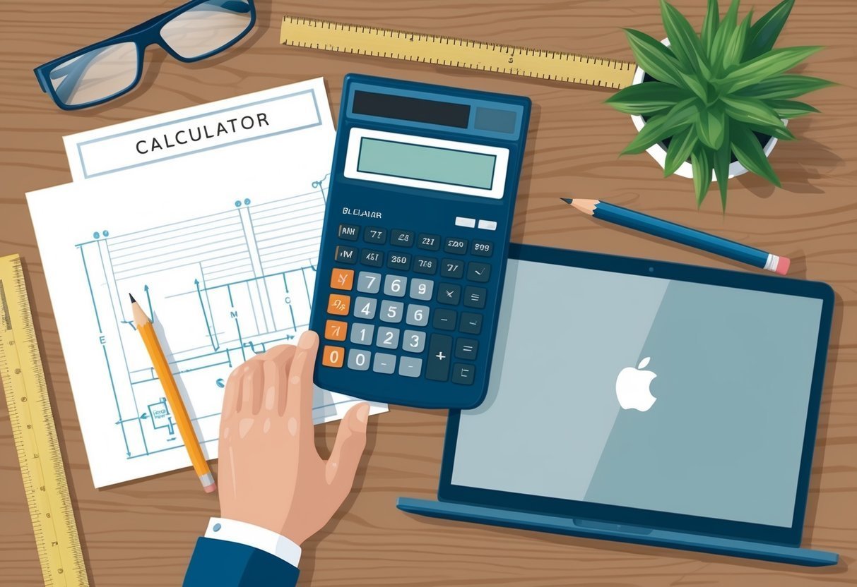 Desk with calculator, laptop, blueprints, and glasses, top view