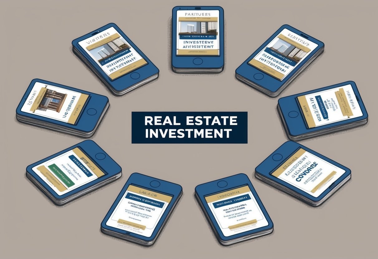 Smartphones displaying real estate investment information arranged in a circle