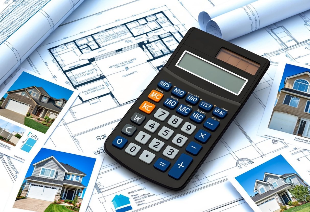 A calculator surrounded by architectural blueprints and real estate property photos