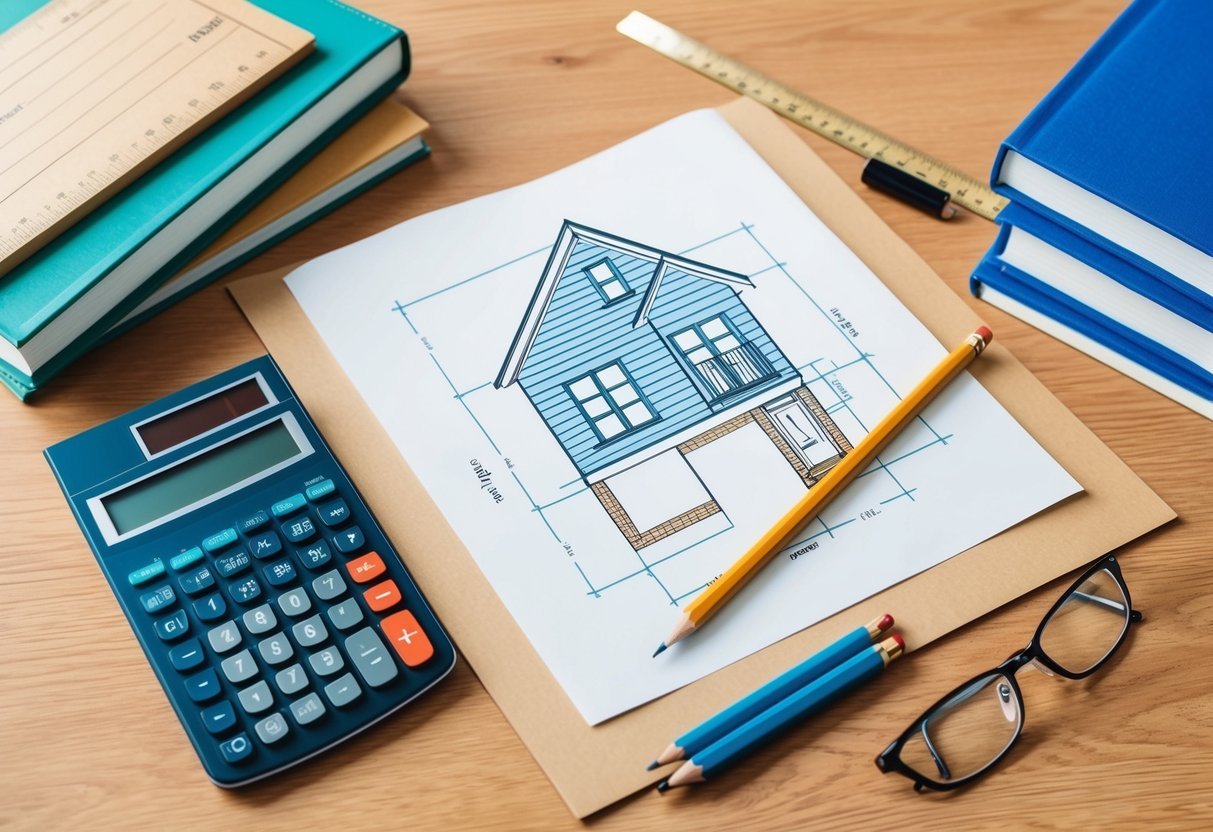 A desk with a calculator, ruler, pencil, and blueprint of a house surrounded by real estate books