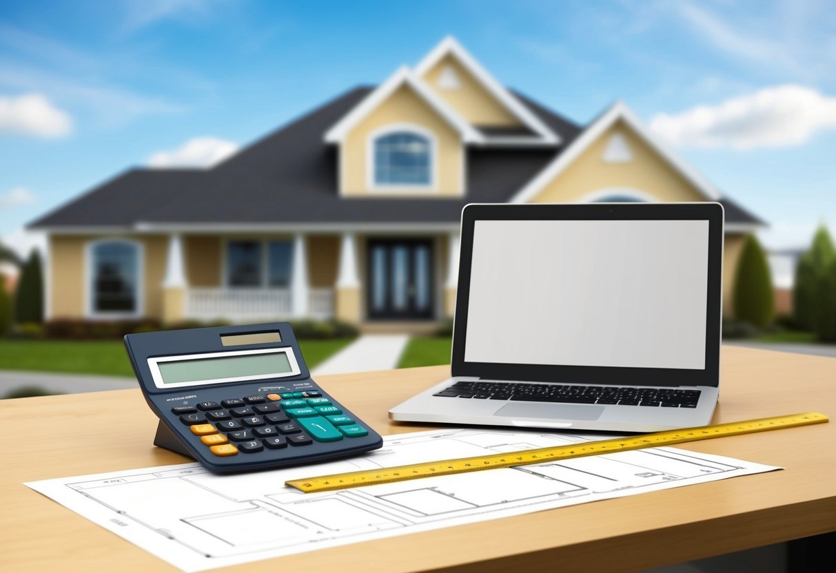 A calculator, a notebook, a ruler, a blueprint, and a laptop on a desk with a real estate property in the background