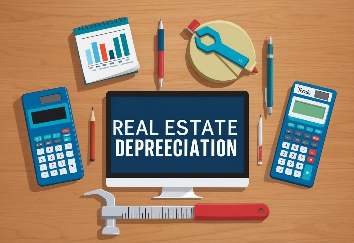 A set of five different tools arranged on a desk, each representing a different method for calculating real estate depreciation