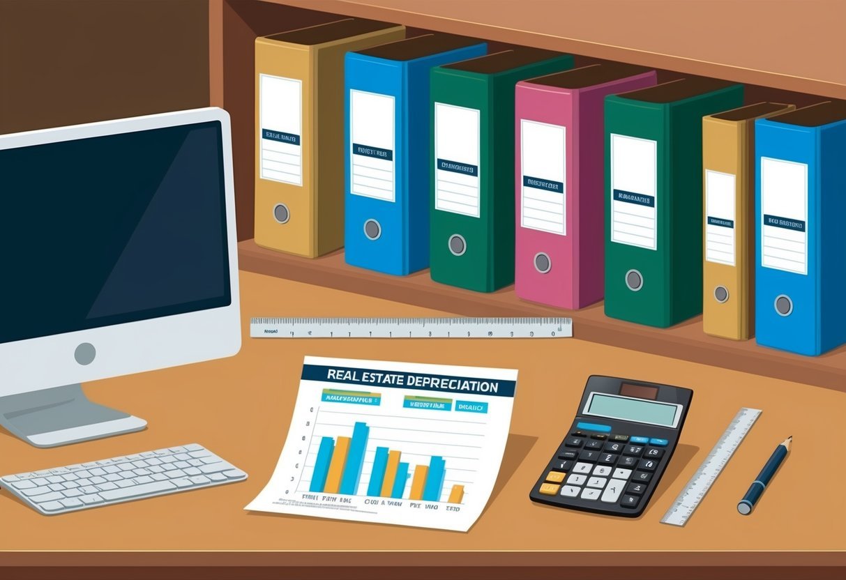 A desk with a computer, calculator, ruler, and paper with real estate data.</p><p>A bookshelf with labeled binders on real estate depreciation