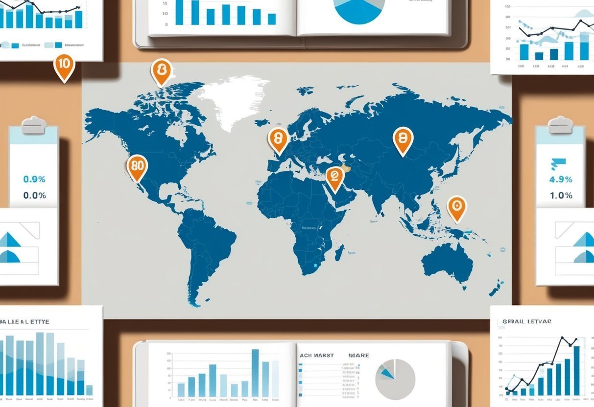 World map with location markers and various charts and graphs