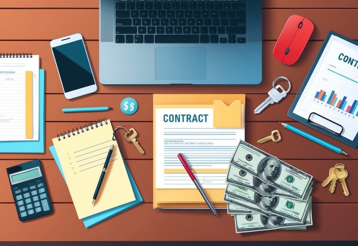 Contract, money, keys, laptop, and documents on a wooden desk