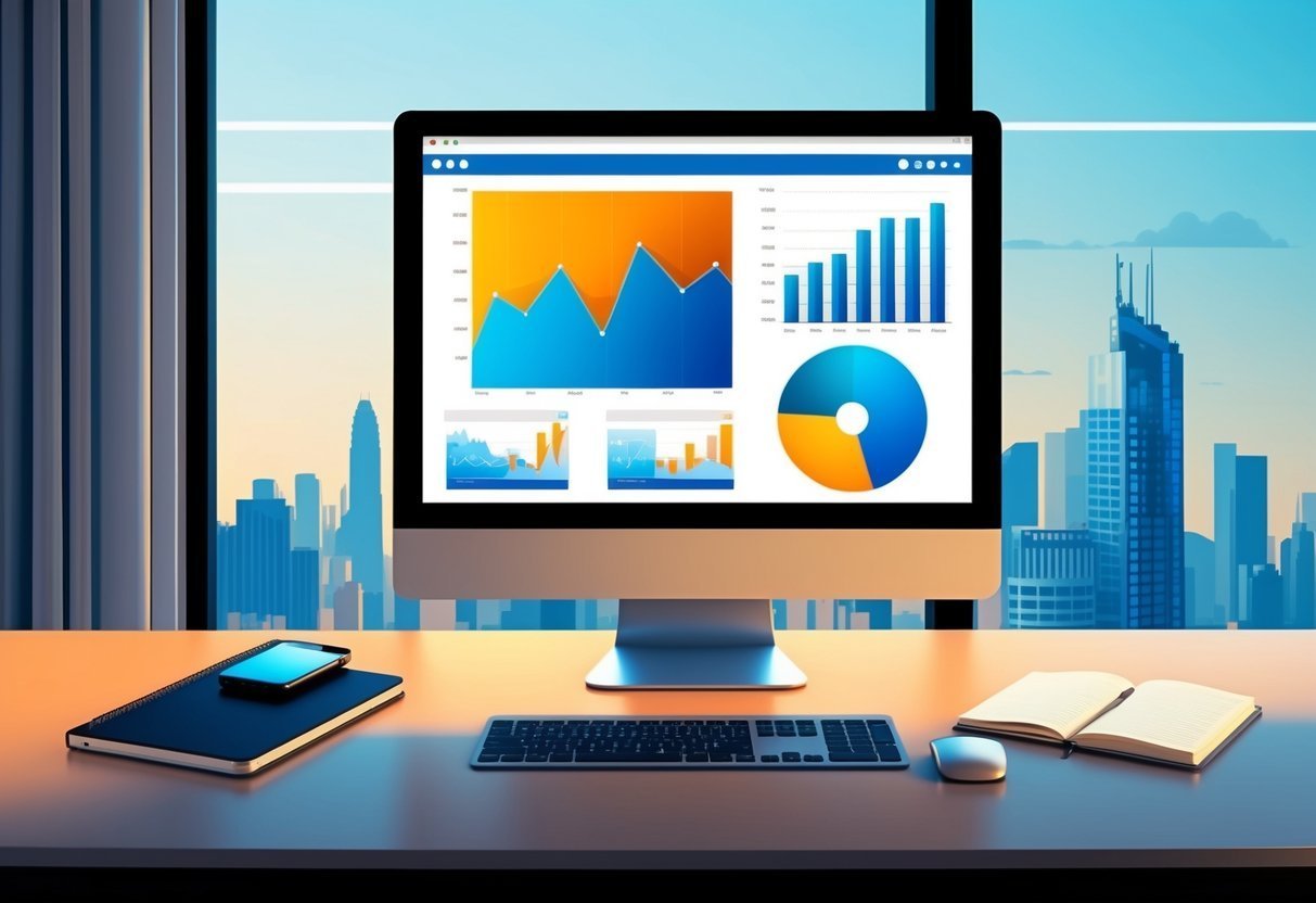 Computer monitor displaying financial charts on a desk with city skyline background