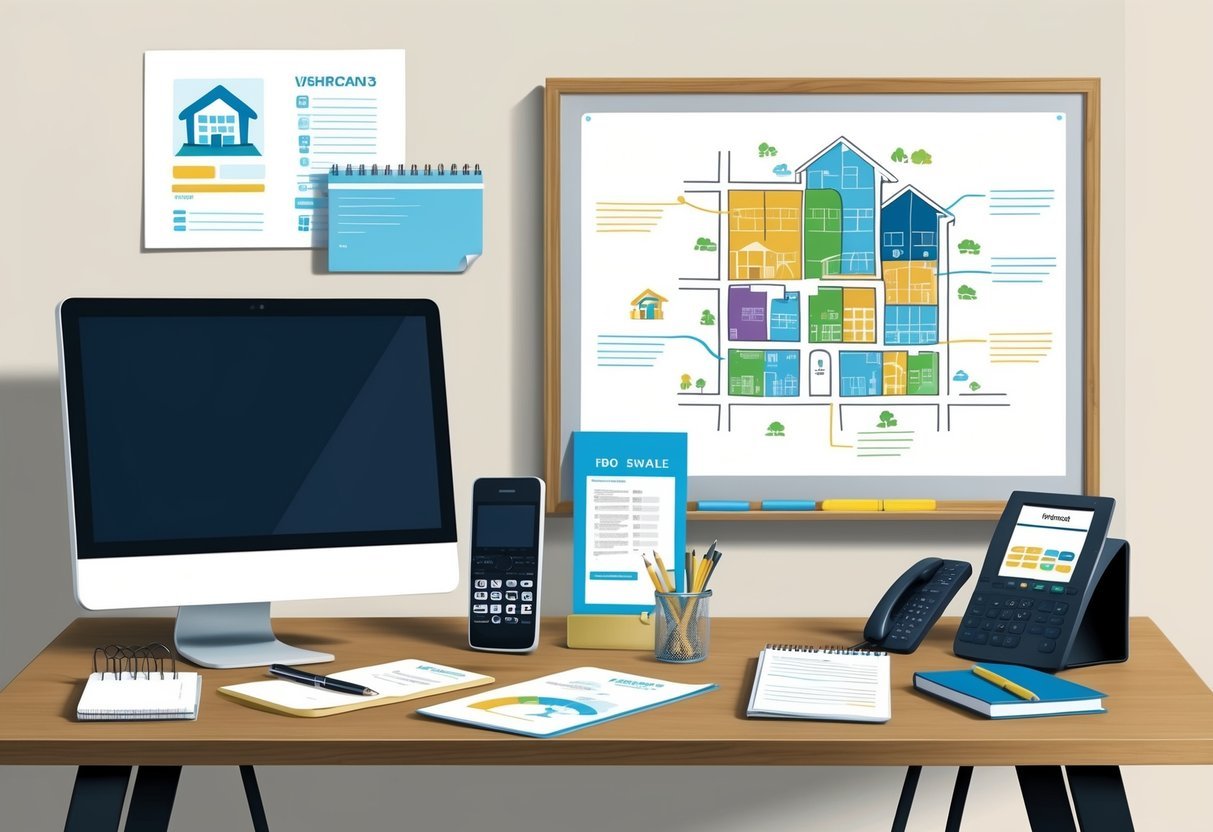 A desk with a computer, phone, notepad, pen, and various real estate documents.</p><p>A whiteboard with notes and a map of properties