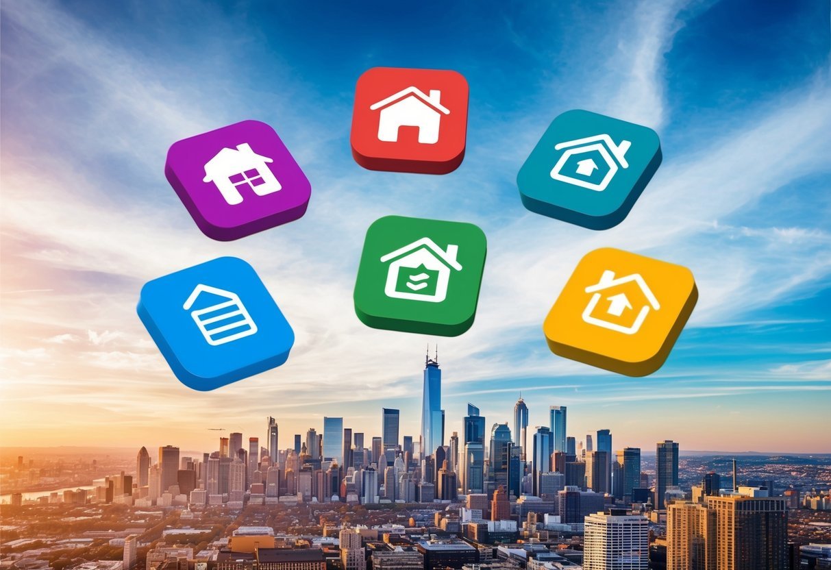 A bustling city skyline with six colorful app icons floating above, each representing a different real estate lead tracking tool