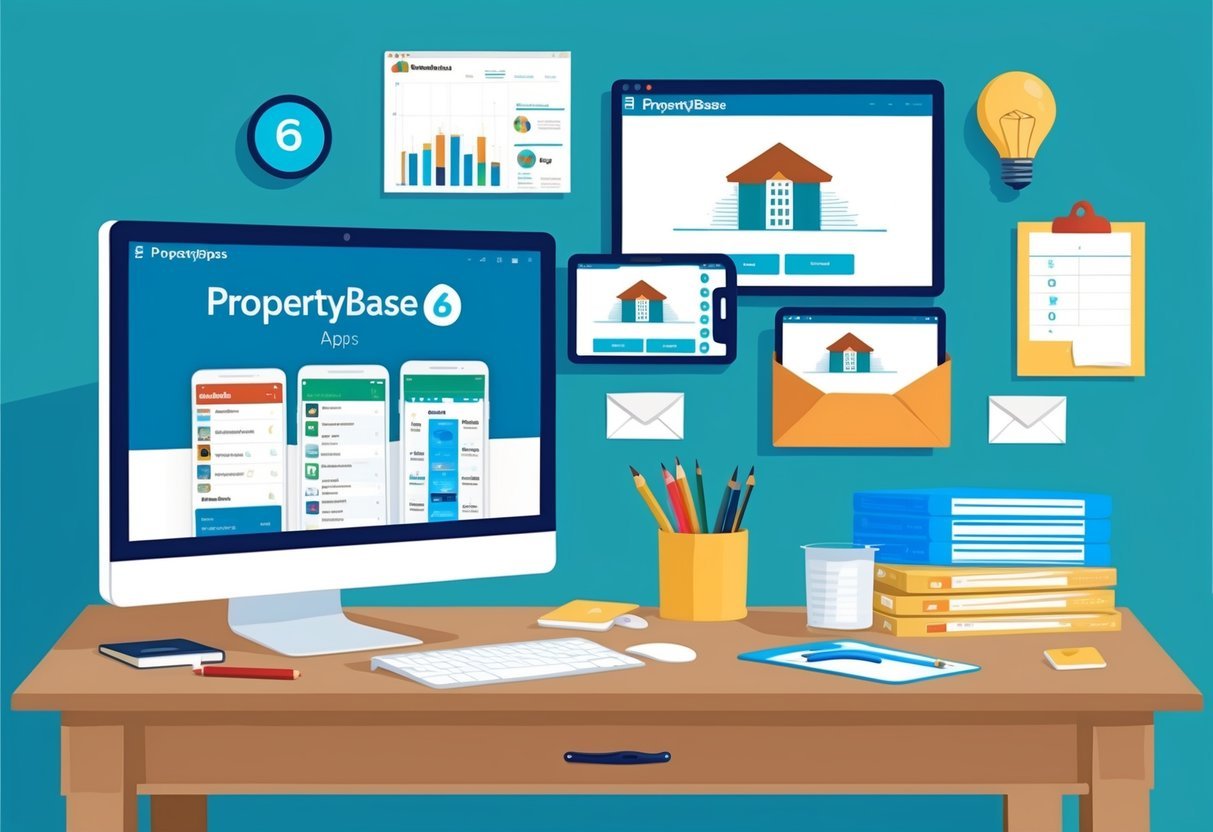 A desk with a computer displaying the Propertybase 6 apps, surrounded by real estate lead tracking tools and materials