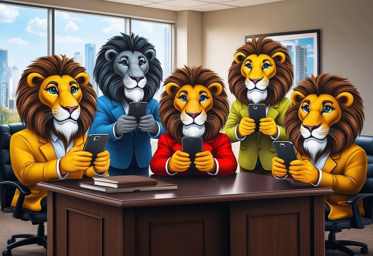 Six lion mascots using smartphones in a real estate office