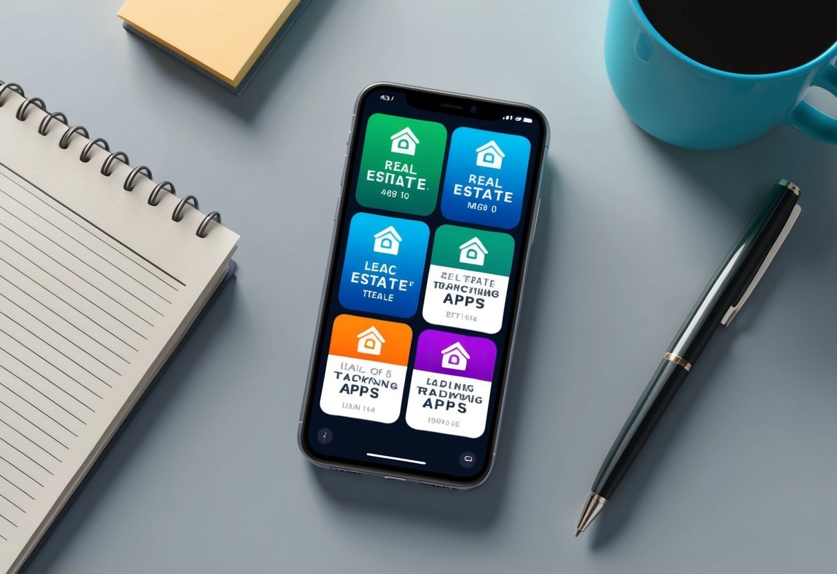 A sleek smartphone displaying six real estate lead tracking apps on a modern desk with a notepad and pen