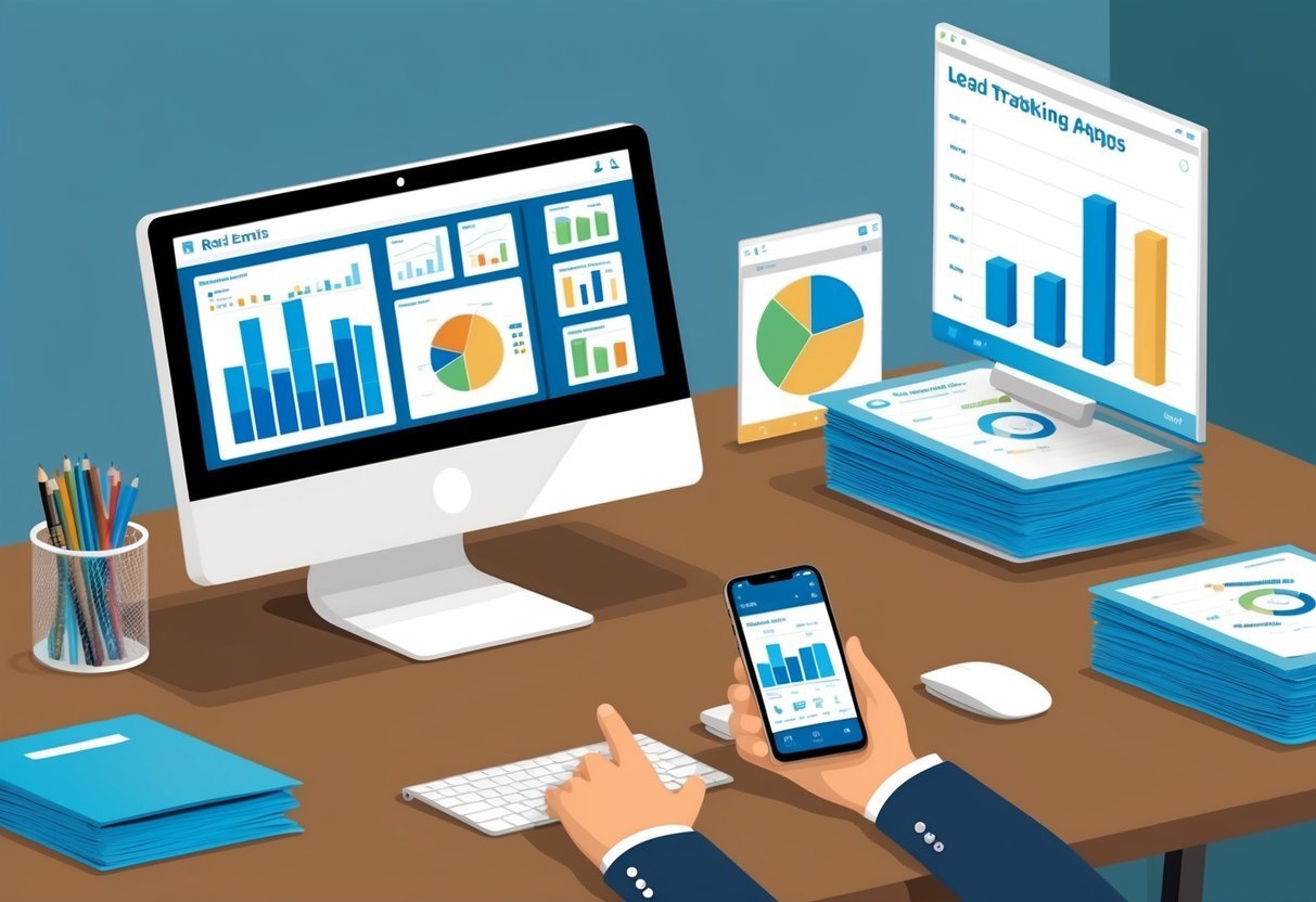 A desk with a computer and smartphone displaying various real estate lead tracking apps.</p><p>Graphs and charts show lead data.</p><p>Files and folders are organized nearby