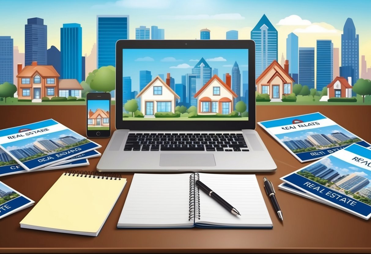 A desk with a laptop, smartphone, and notepad, surrounded by real estate brochures and a city skyline in the background