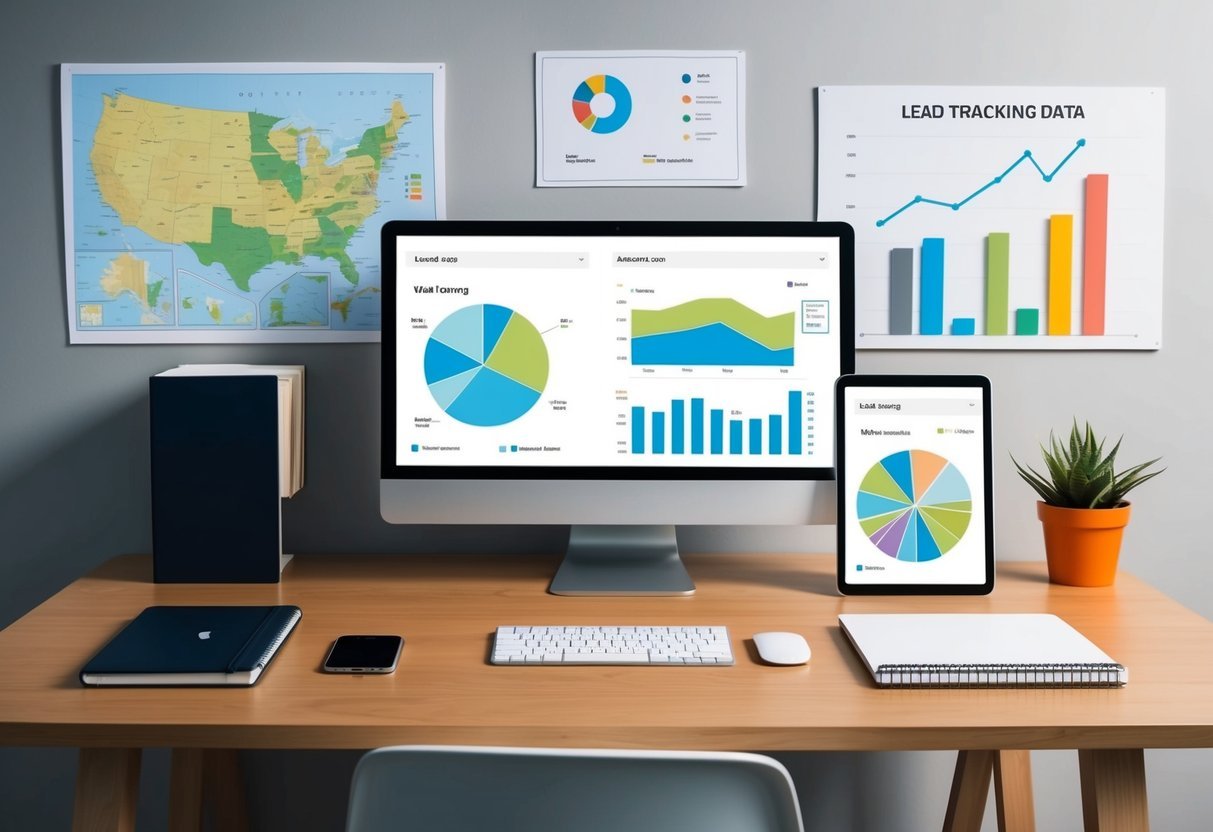 A desk with a computer, smartphone, and notebook.</p><p>A map of properties on the wall.</p><p>Graphs and charts showing lead tracking data