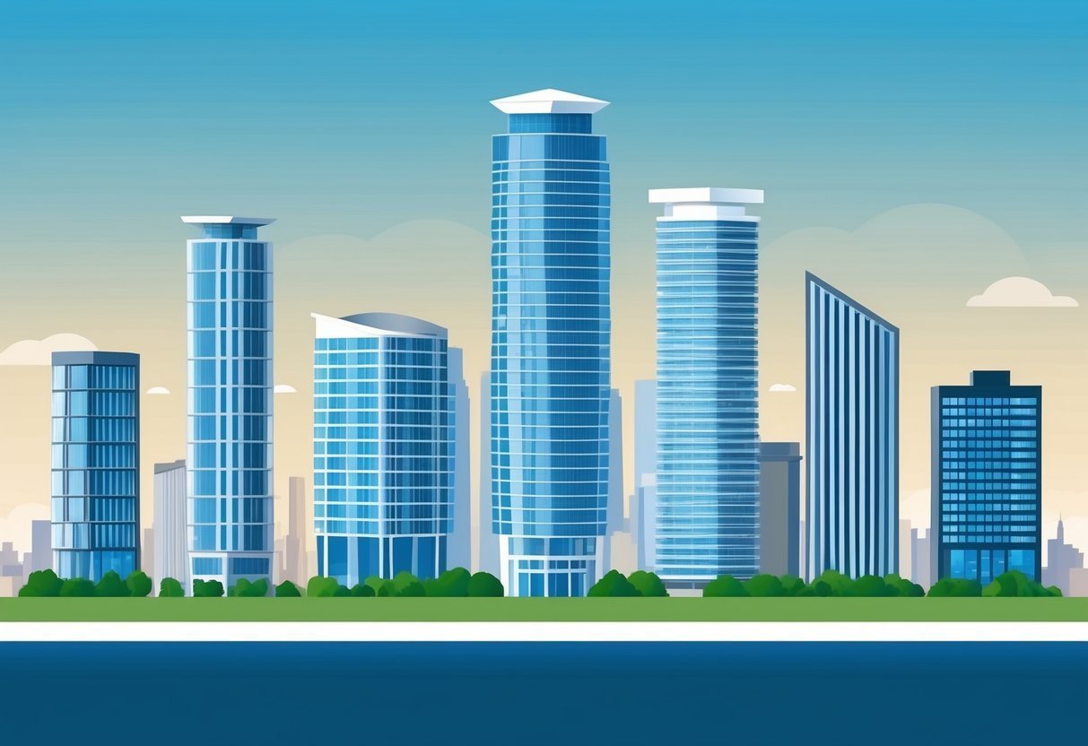 Illustration of a city skyline with several tall, blue skyscrapers