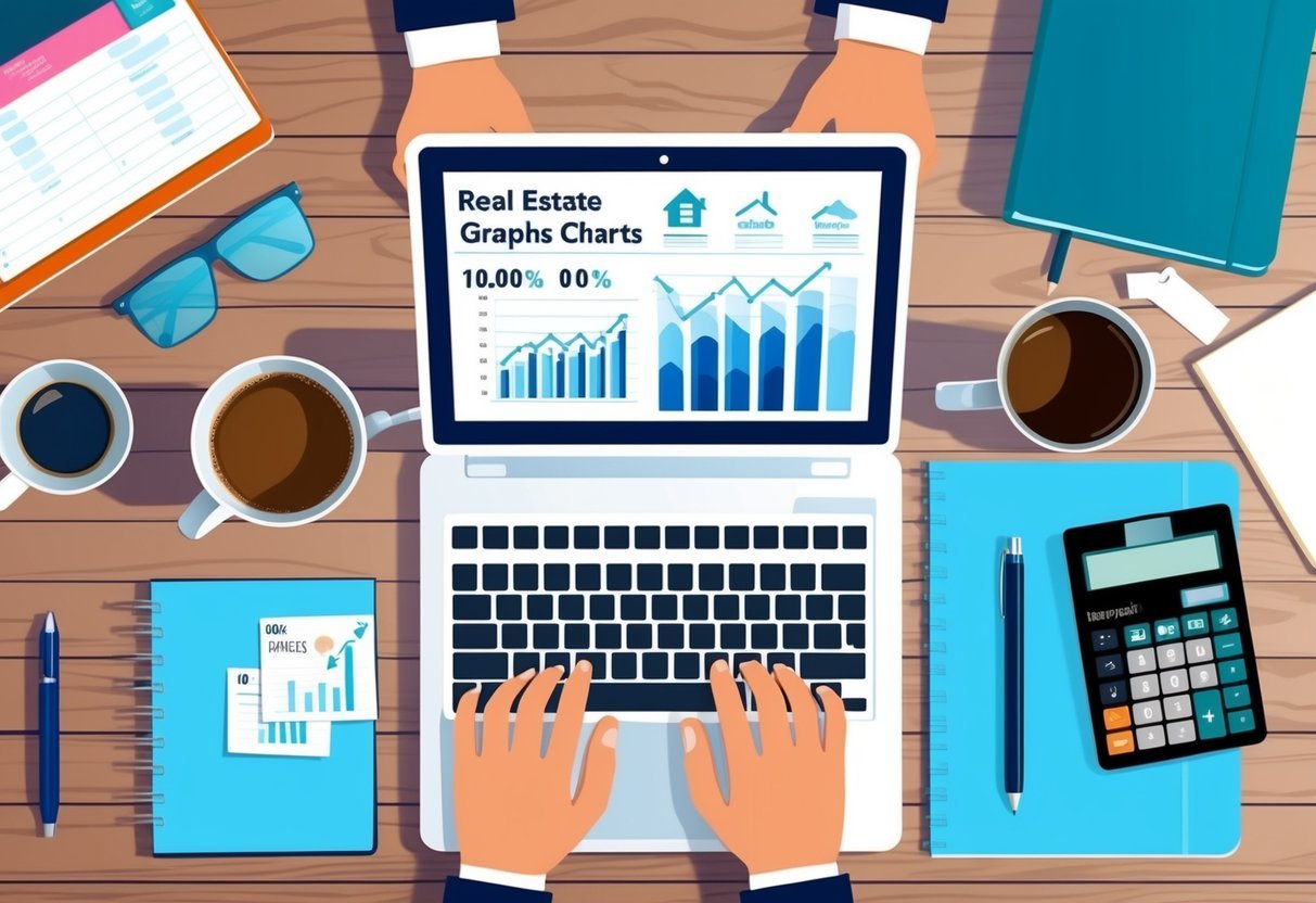 A laptop with real estate graphs and charts open, surrounded by coffee mugs and notebooks, with a pen and calculator on the desk