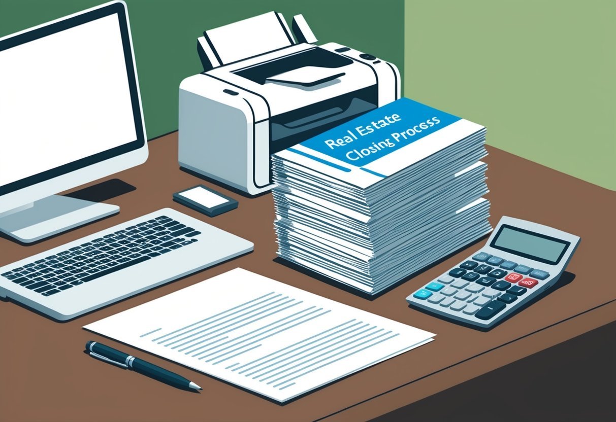 A desk with a computer, printer, scanner, and paperwork organized neatly.</p><p>A stack of documents labeled "Real Estate Closing Process" next to a pen and calculator