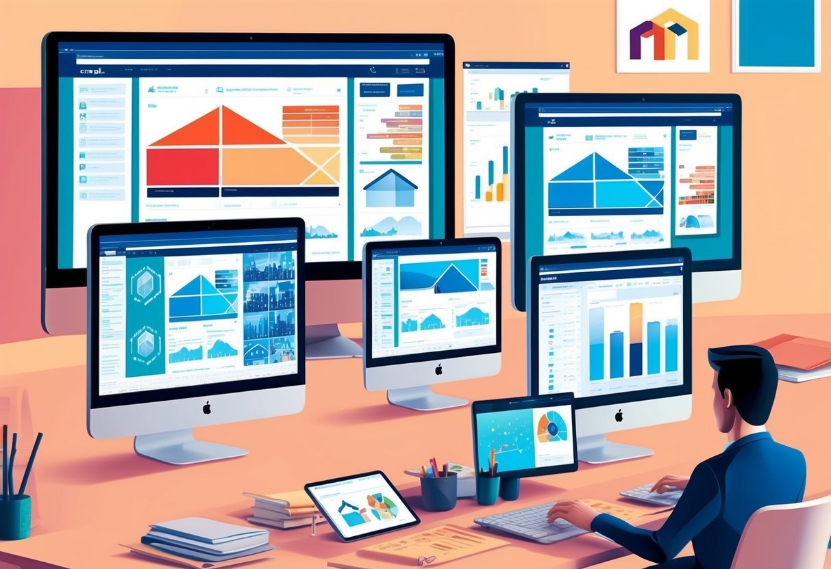 A modern office setting with multiple computer screens displaying various real estate data platforms