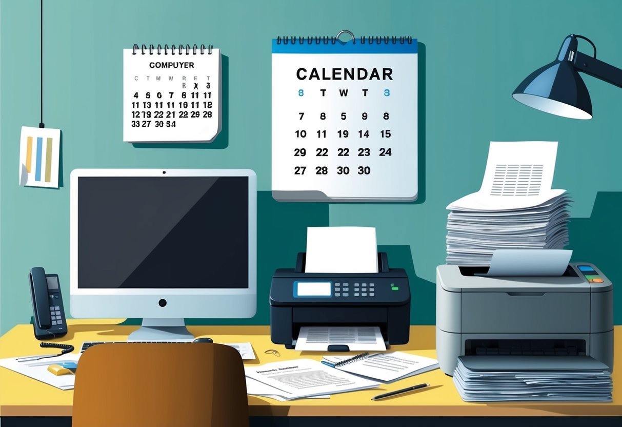 A cluttered desk with a computer, phone, and paperwork.</p><p>A calendar on the wall displays a deadline.</p><p>A stack of files sits next to a printer