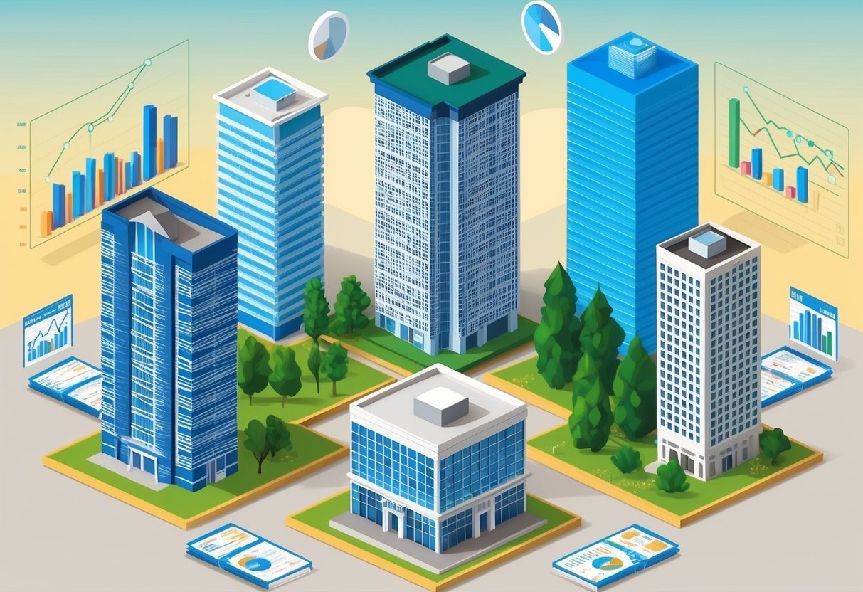 A group of seven diverse buildings, each representing a different real estate strategy, surrounded by financial charts and graphs