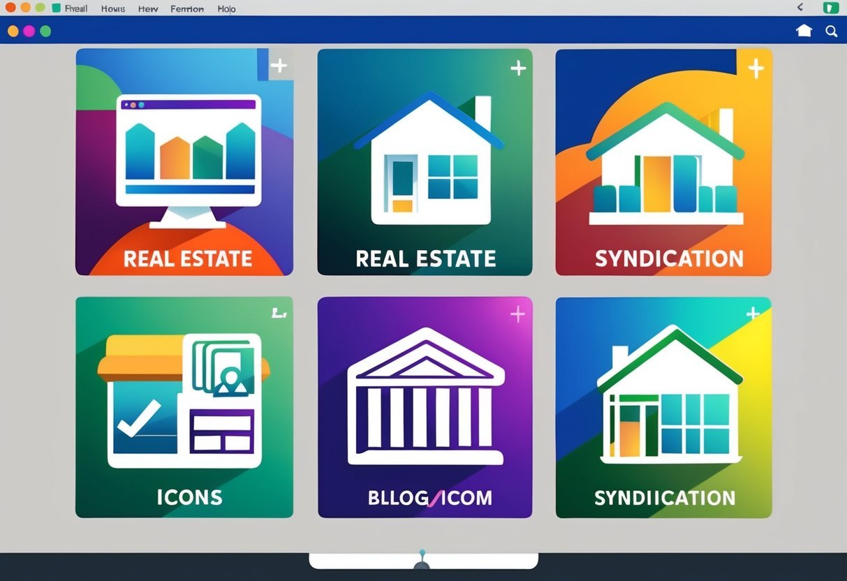 A group of seven blog icons with real estate and syndication themes arranged in a grid pattern on a computer screen