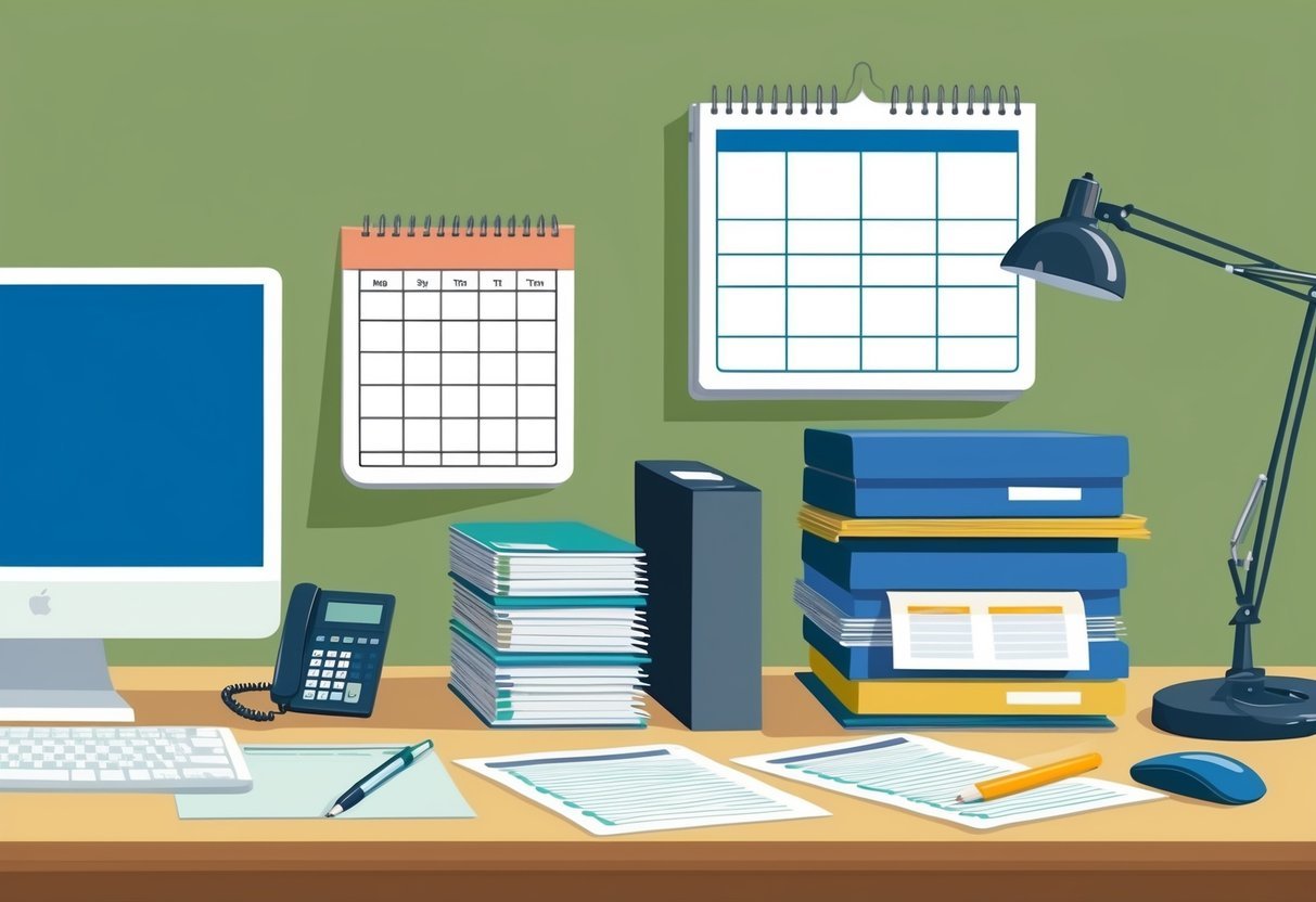 A busy desk with a computer, phone, and paperwork.</p><p>A stack of files and a calendar on the wall.</p><p>A checklist and pen