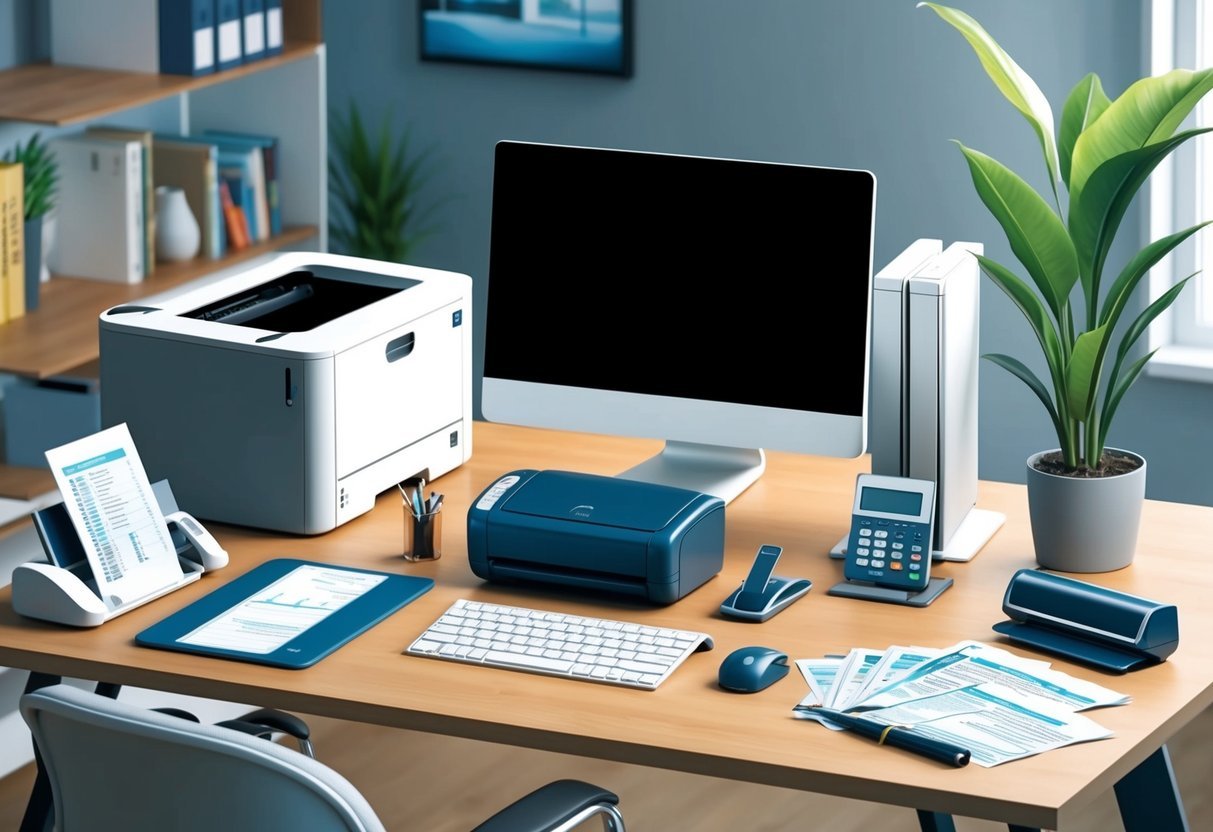 A modern office desk with a computer, printer, scanner, and other real estate closing tools neatly arranged for efficient use