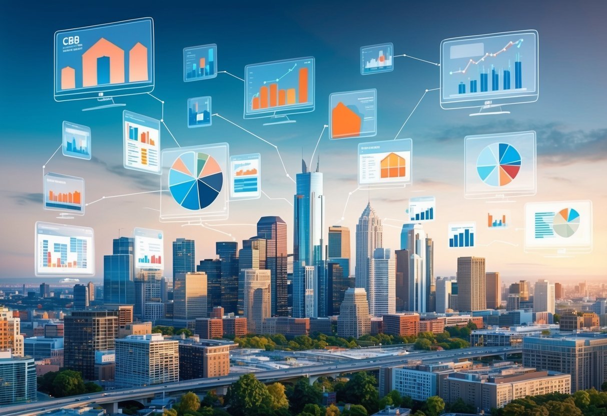 A bustling city skyline with various real estate properties, data charts, and graphs floating in the air