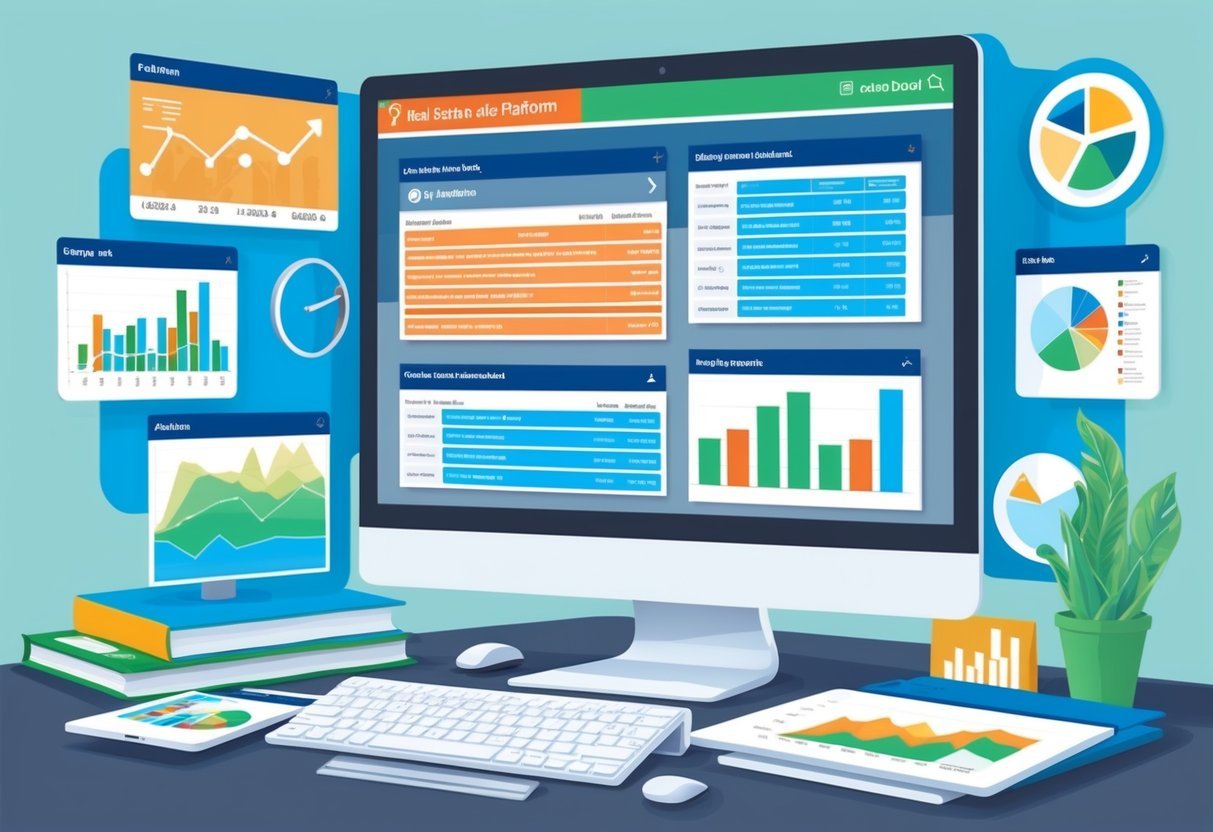 A computer screen displaying various real estate data platforms, surrounded by charts, graphs, and maps