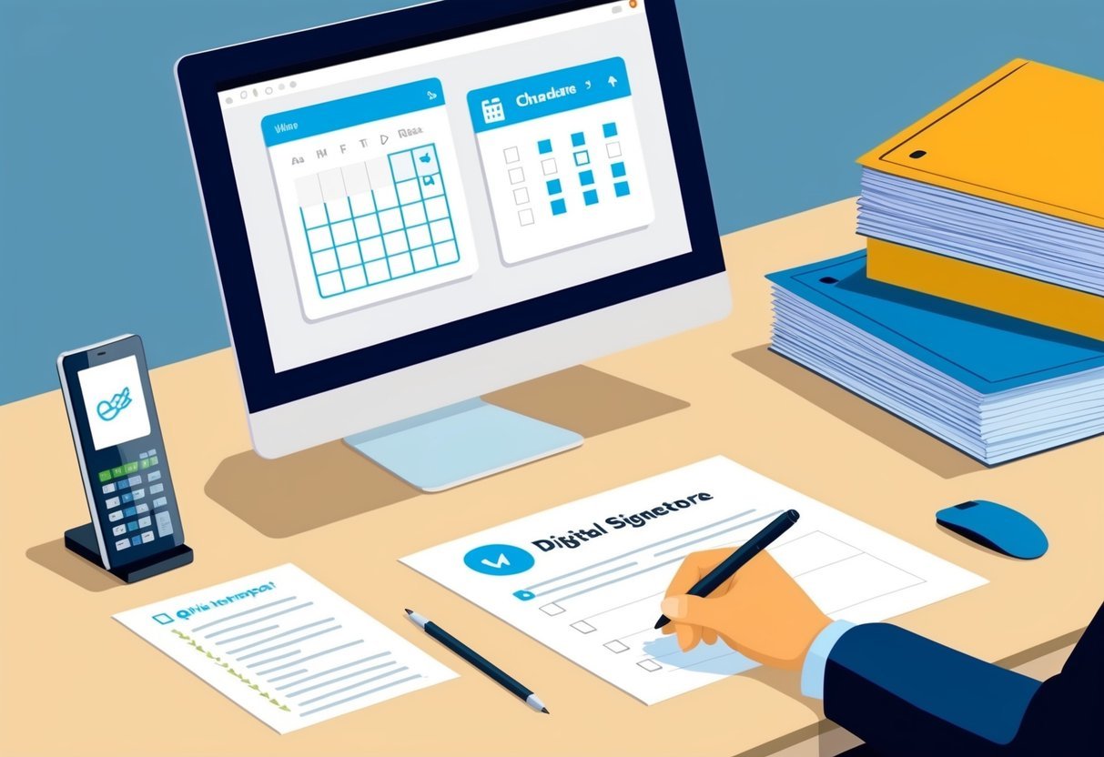 A desk with a computer, phone, and paperwork.</p><p>A digital signature tool, calendar, and checklist are displayed on the screen.</p><p>A stack of files sits nearby