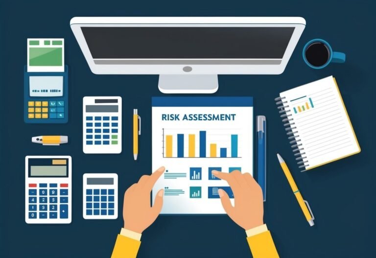 Risk assessment document with hands, calculators, computer, and coffee cup