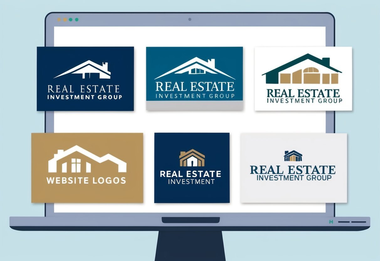 Laptop screen displaying various real estate logo designs with house icons