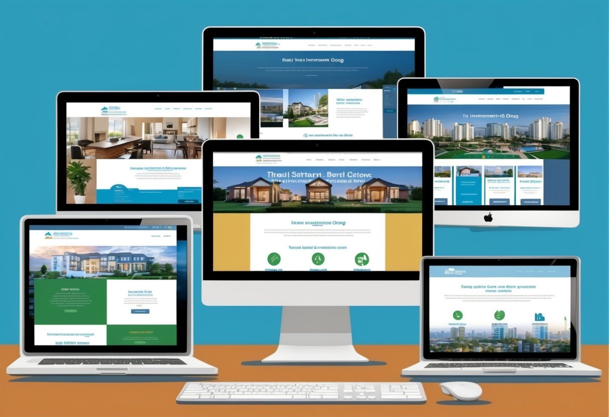 A group of five different websites displayed on a computer screen, each showing real estate investment group information