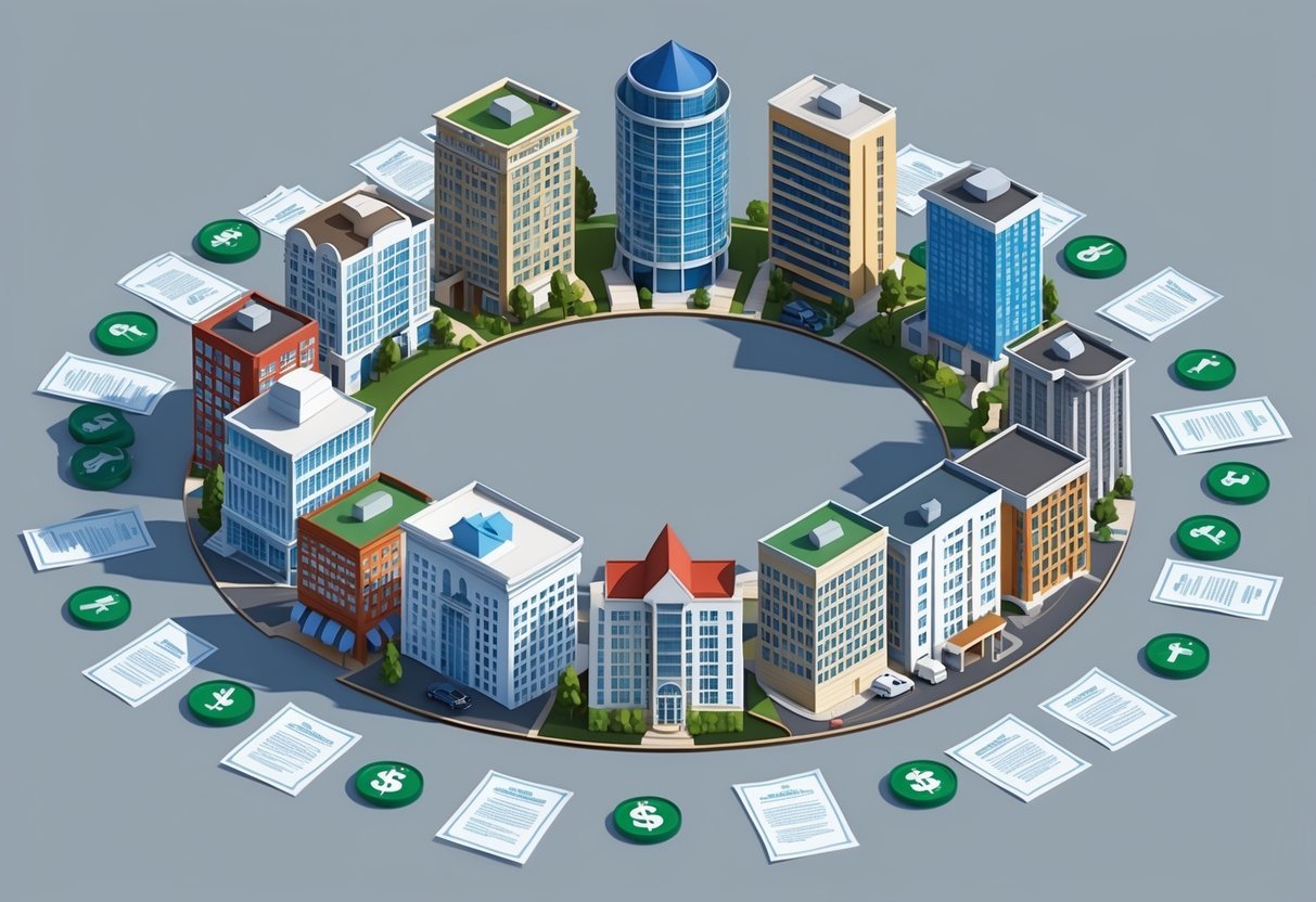 A group of diverse buildings and properties arranged in a circle, with money symbols and legal documents scattered around them