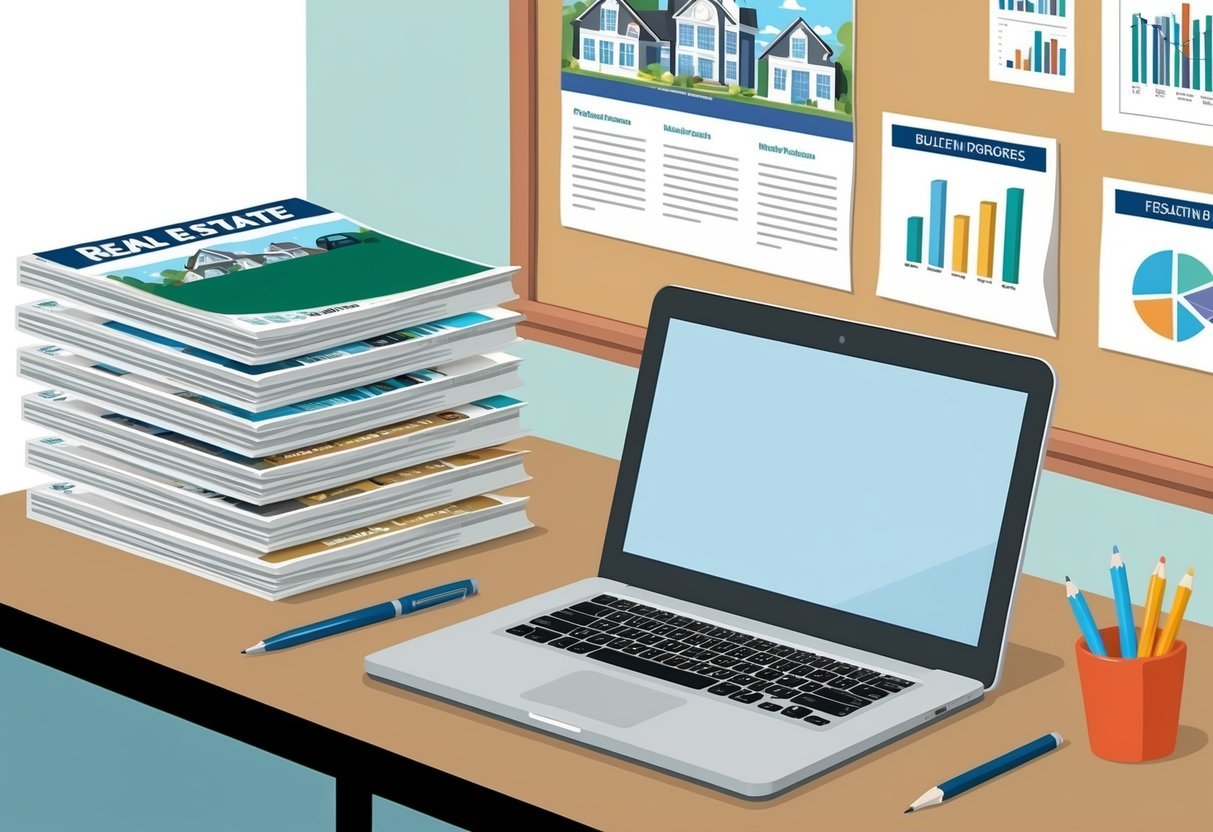 A desk with a laptop, notebook, and pen.</p><p>A stack of real estate magazines and newspapers.</p><p>A bulletin board with articles and charts